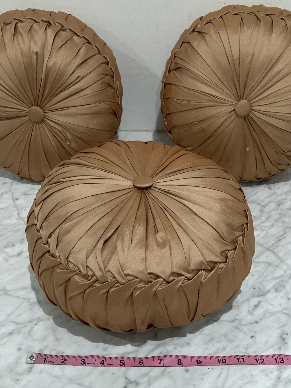 Bronze Ruched Satin Round Decorative Throw Pillows 14.5’’ Soft Polyester Filling
